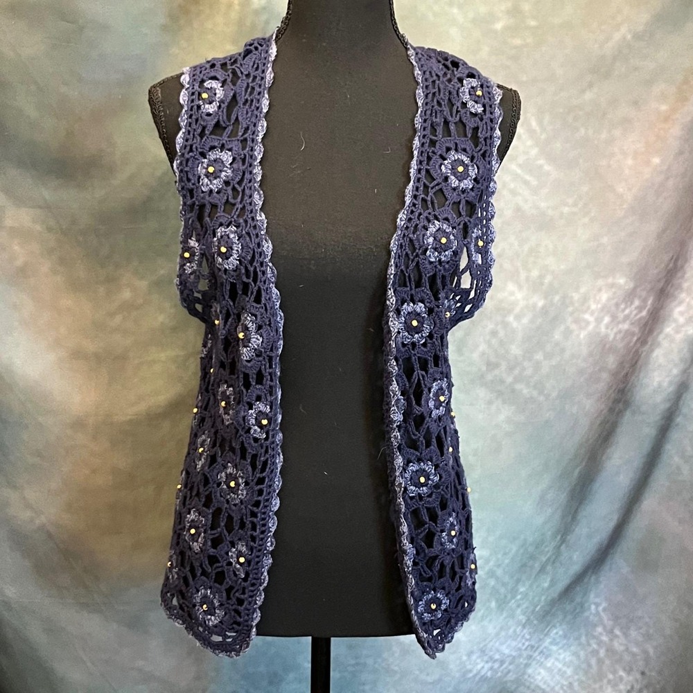 Capacity Navy Blue Crochet Flower‎ Y2K Vest Women's Small